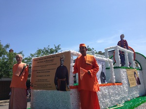 Float with cutout of Swamiji at the Indian Independence Day procession
